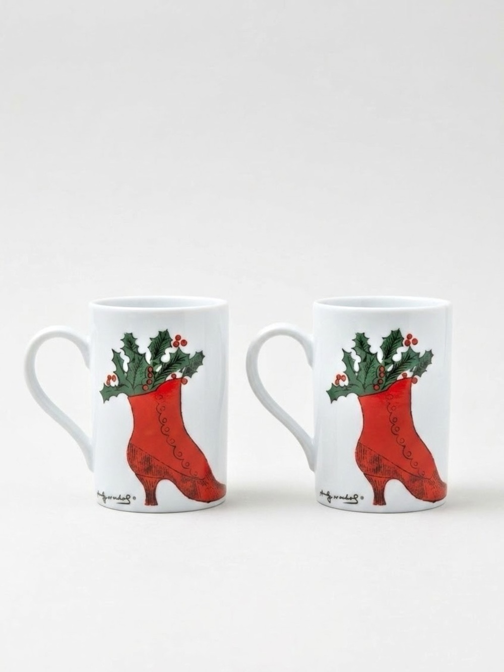 Vintage 1995 Andy Warhol Konitz Porcelain Christmas Boot Coffee Mugs Set of 2